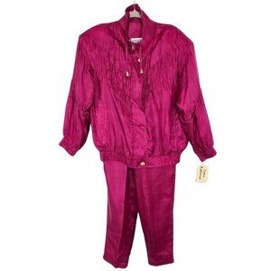 Vintage Laura Katherine Womens Silk Tracksuit Set Size S Magenta Retro 70s 80s